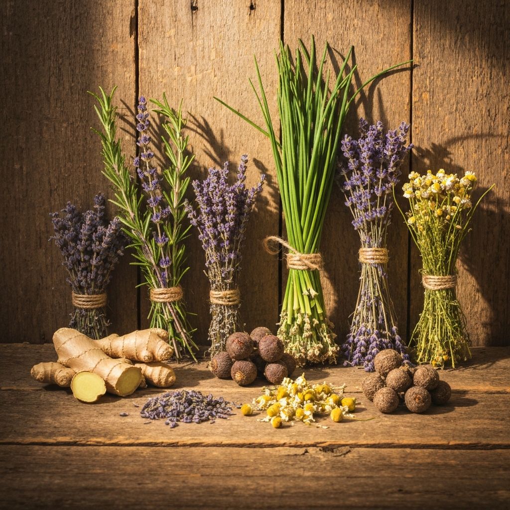 Bundles of dried herbs in traditional arrangement